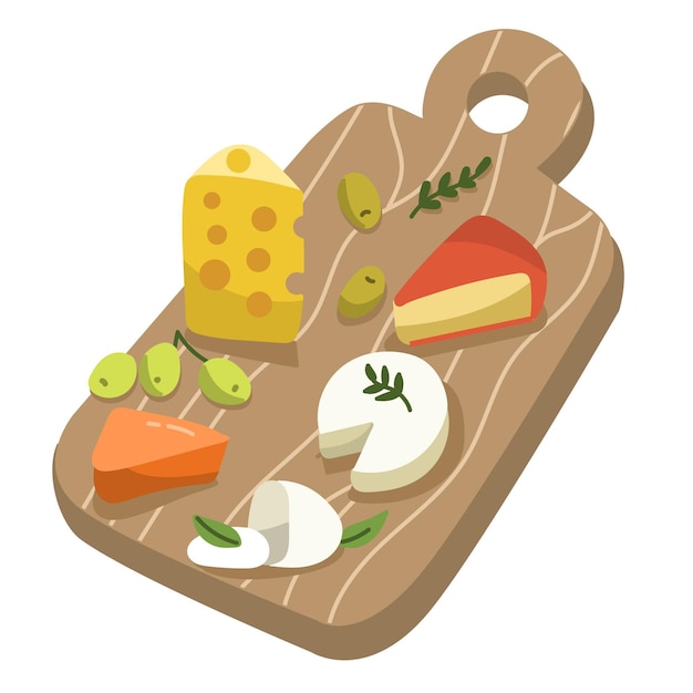 Tipos dibujados de queso en la ilustración de tablero de madera