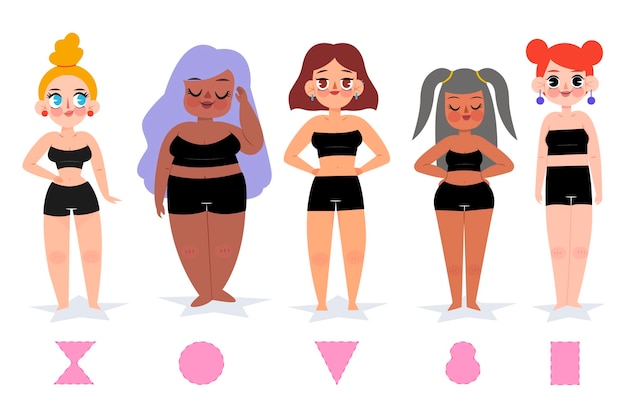 Vector gratuito tipos de dibujos animados de formas del cuerpo femenino