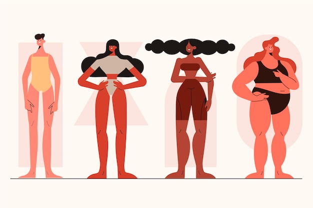 Vector gratuito tipos de dibujos animados de paquete de formas de cuerpo femenino
