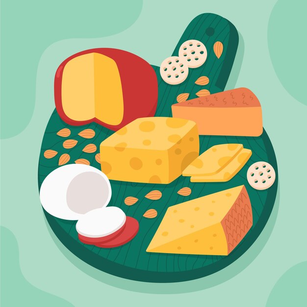Tipos ilustrados de queso sobre tabla de madera.