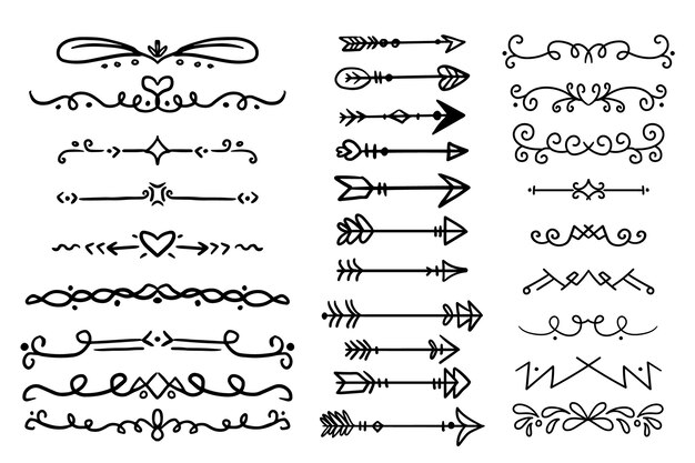 Tipos de marcos y divisores ornamentales dibujados a mano.