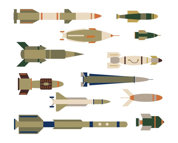 Tipos de misiles militares o conjunto de ilustraciones vectoriales de cohetes. Colección de diferentes bombas de aire balísticas, proyectiles de artillería, ojivas aisladas sobre fondo blanco. Armas, concepto de avión.