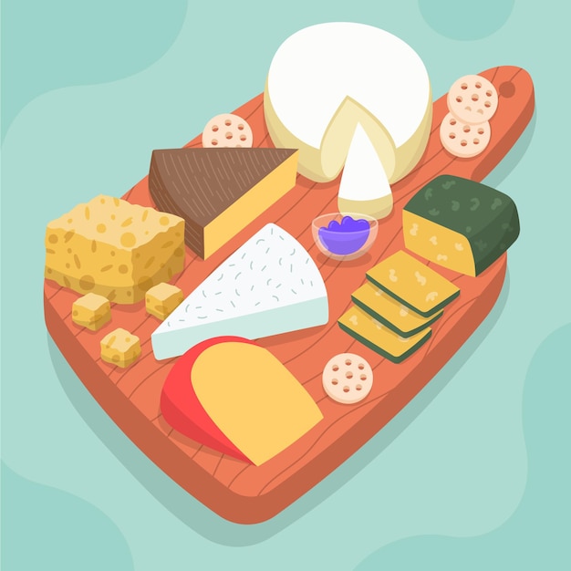 Tipos de queso dibujados sobre tabla de madera