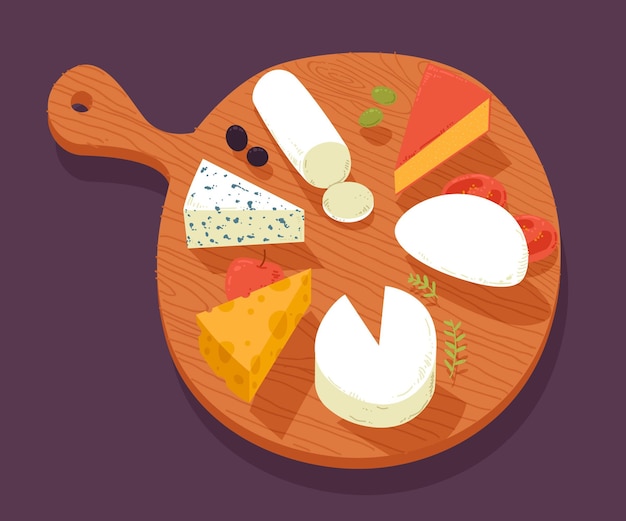 Vector gratuito tipos de queso en tabla de madera ilustrados.