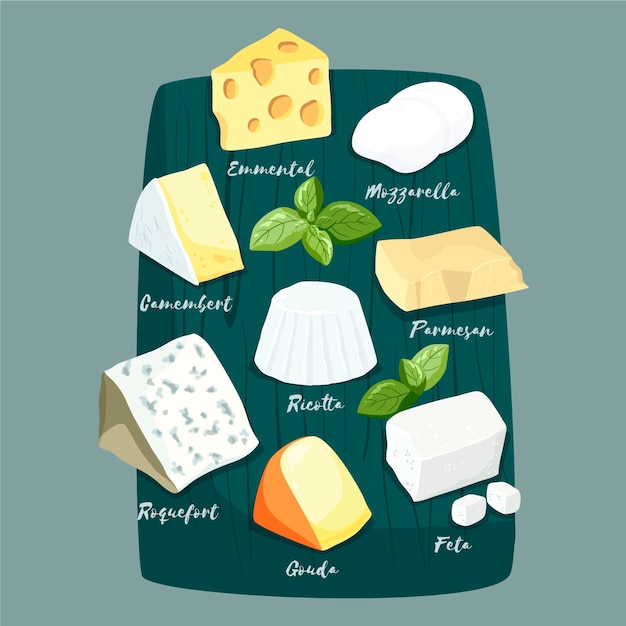Tipos de queso en tabla de madera.