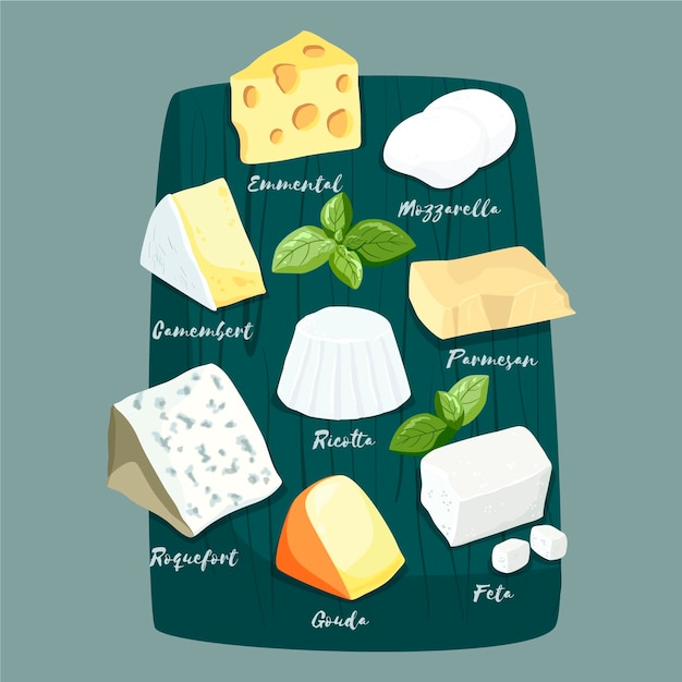 Vector gratuito tipos de queso en tabla de madera.