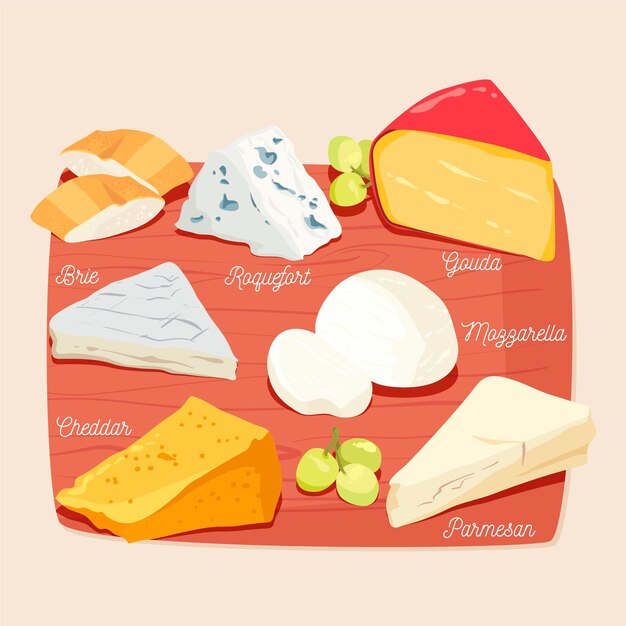 Tipos de queso en tabla de madera.