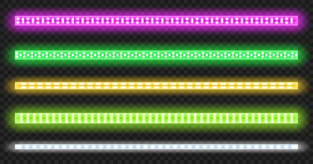 Tiras de led con efecto de brillo de neón aislado sobre fondo transparente.