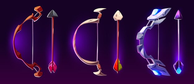 Tiro con arco y flecha con poderes mágicos Ilustración vectorial de dibujos animados conjunto de activos de juego de fantástico arma de tiro de madera y piedra con elementos decorativos brillantes de neón para rango o nivel de rpg