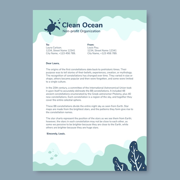 Vector gratuito título de carta de una organización sin fines de lucro del océano limpio dibujado a mano