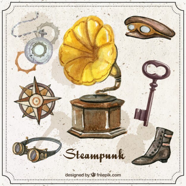 Tocadiscos con accesorios steampunk de acuarela