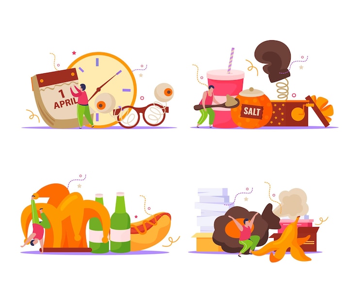 Vector gratuito todos los tontos día conjunto plano de composiciones aisladas con iconos de varias bromas y personajes humanos