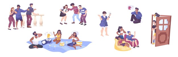 Todos los tontos con íconos planos y personajes de estilo garabato de personas que se ríen haciendo bromas divertidas ilustraciones vectoriales