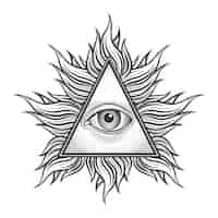 Vector gratuito todos ven el símbolo de la pirámide del ojo en el estilo de tatuaje grabado. masón y espiritual, illuminati y religión, magia triangular,