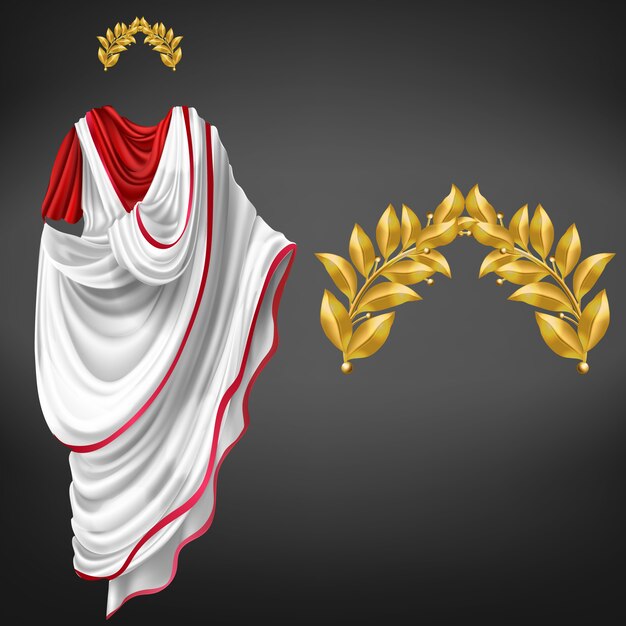 La toga blanca antigua en la túnica roja y el laurel de oro enrruellan el vector realista 3d aislado. Emperador del imperio romano, glorioso ciudadano de la república, famoso filósofo, símbolo del triunfo.