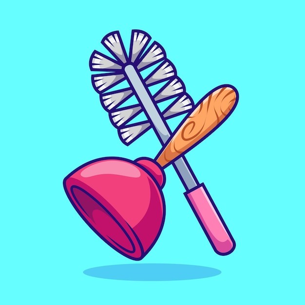 Toilet Brush And Toilet Plunger Cartoon Vector Icon Illustration Healthy Object Icon Isolated Flat