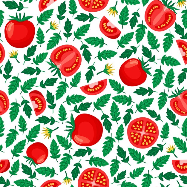 Tomates de patrones sin fisuras, fondo blanco con tomates enteros y en rodajas y hojas