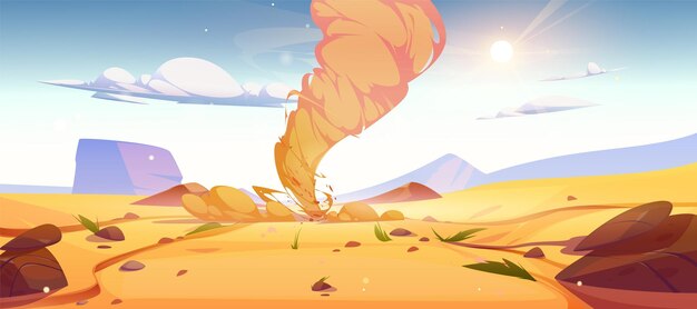 Tornado tormenta tornado con remolino de arena en el desierto Ilustración vectorial de dibujos animados paisaje arenoso natural con tormenta tormenta tormenta de viento destructiva desastre con viento y torbellino de vórtice en la duna