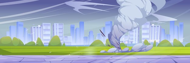 Tornado tornado tornado con remolino de polvo y nubes cerca de la ciudad Ilustración vectorial de dibujos animados paisaje urbano con tormenta torbellino ciclón destructivo desastre meteorológico con viento y embudo de vórtice