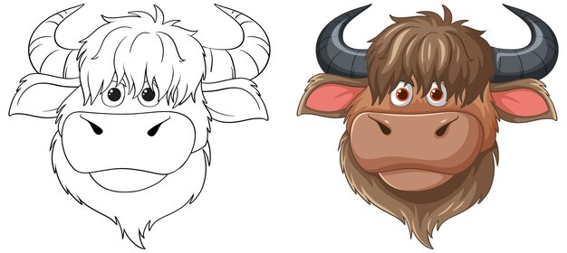 Vector gratuito toro de dibujos animados antes y después de colorear