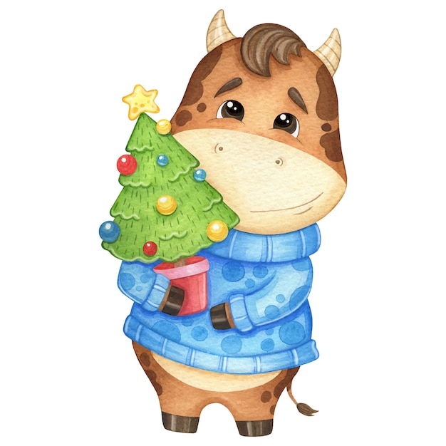 Toro lindo con un suéter y con un árbol de navidad. ilustración acuarela Vector Premium 