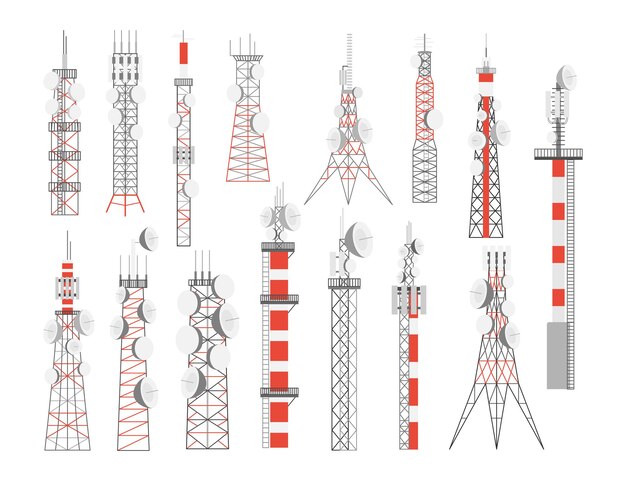 Torre de antena con ilustraciones vectoriales de antenas parabólicas. Torres de transmisión de radio, comunicación o telecomunicaciones, transmisión por internet, televisión o telefonía. Telecomunicaciones, concepto de red