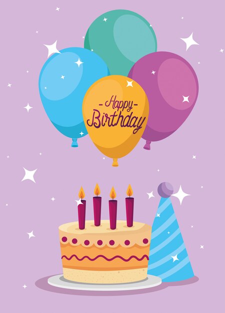 Torta dulce con velas y globos decoración tarjeta de felicitación