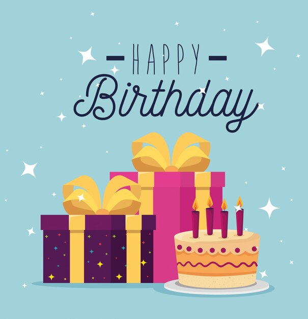 Torta dulce con velas y regalos presentes, tarjeta de felicitación