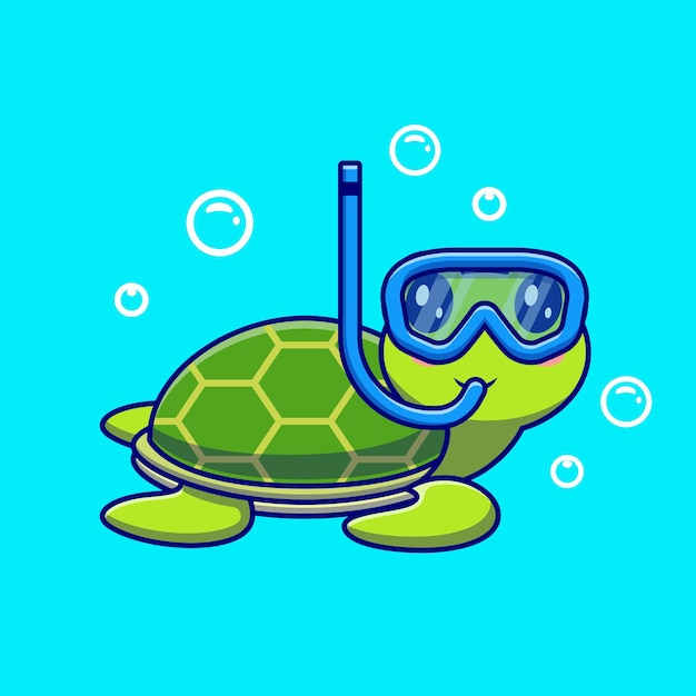 Vector gratuito tortuga linda bucear en el personaje de dibujos animados de mar. naturaleza animal aislada.