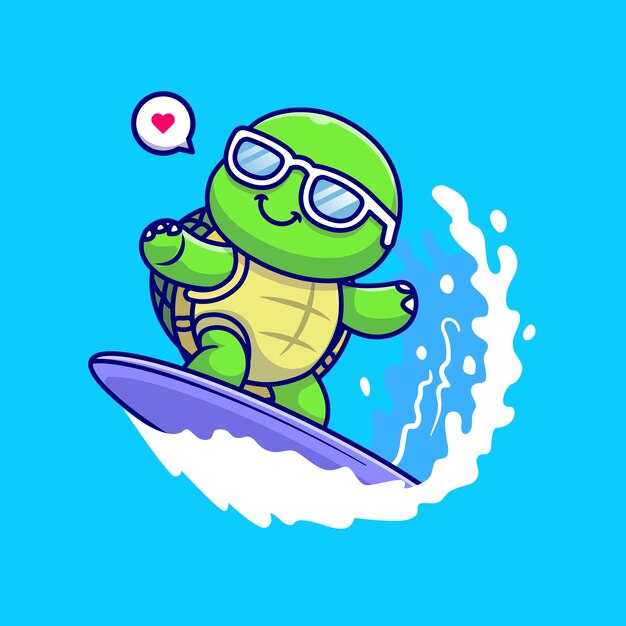 Tortuga linda que practica surf en el ejemplo del icono del vector de la historieta del mar. Concepto de icono de verano animal aislado