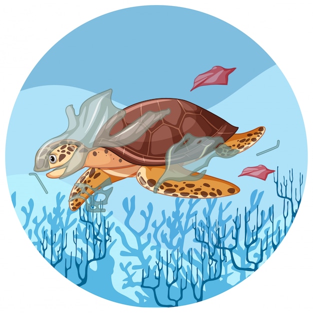Vector gratuito tortuga marina con bolsas de plástico bajo el agua