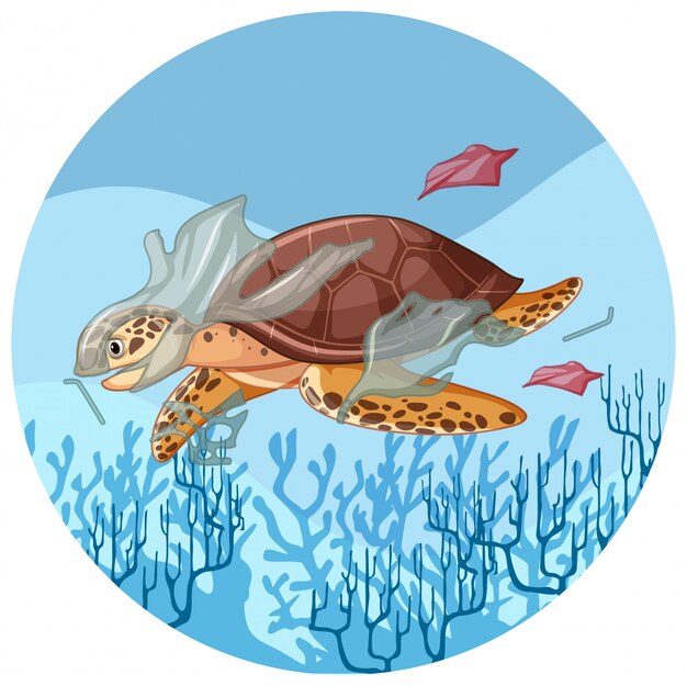 Tortuga marina con bolsas de plástico bajo el agua