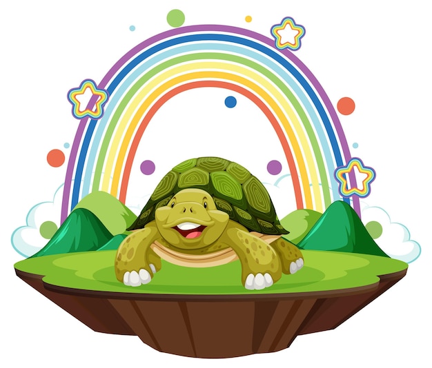 Una tortuga de pie con arco iris sobre fondo blanco.