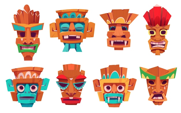 Vector gratuito tótem máscara tiki vector de dibujos animados tribales hawaianos icono de cara africana con sonrisa para la fiesta en la playa de la isla de verano cerca de la playa estatua de cabeza de madera polinesia tropical tradicional decoración colorida