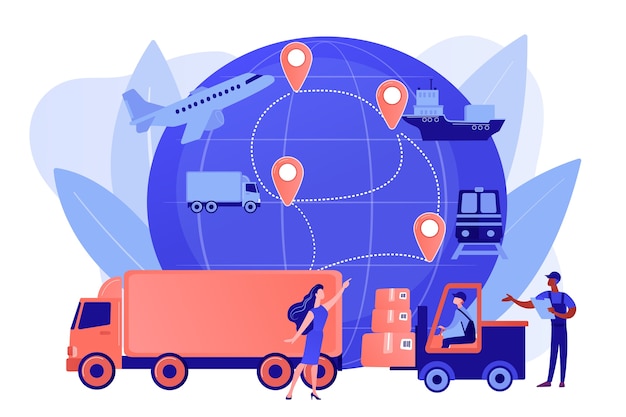Trabajador de almacén que transporta mercancías. Tipos de envío de carga. Logística empresarial, tecnologías de logística inteligente, concepto de servicio de entrega comercial. Ilustración aislada de bluevector coral rosado