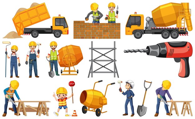 Vector gratuito trabajador de la construcción con hombre y herramientas.