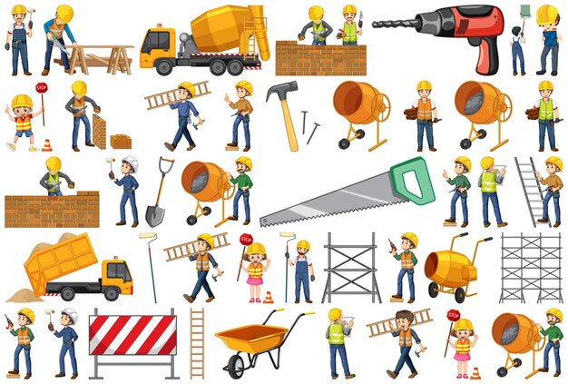 Trabajador de la construcción con hombre y herramientas.