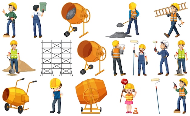 Vector gratuito trabajador de la construcción con hombre y herramientas.