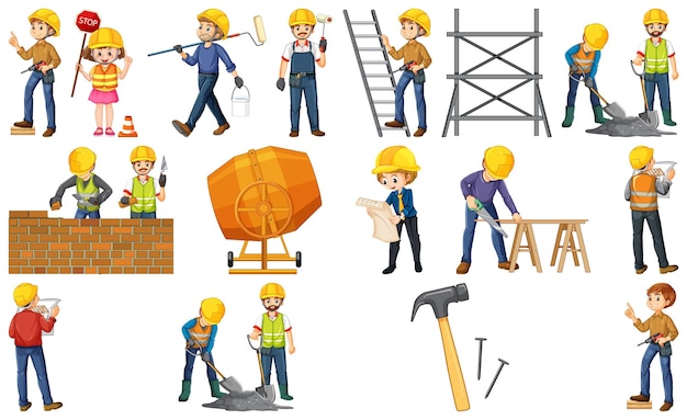 Trabajador de la construcción con hombre y herramientas.