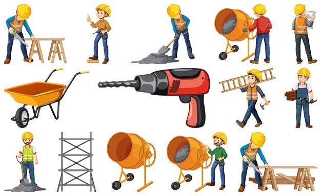 Trabajador de la construcción con hombre y herramientas.