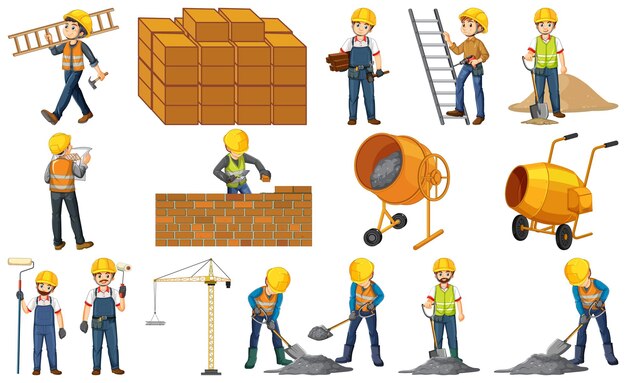 Trabajador de la construcción con hombre y herramientas