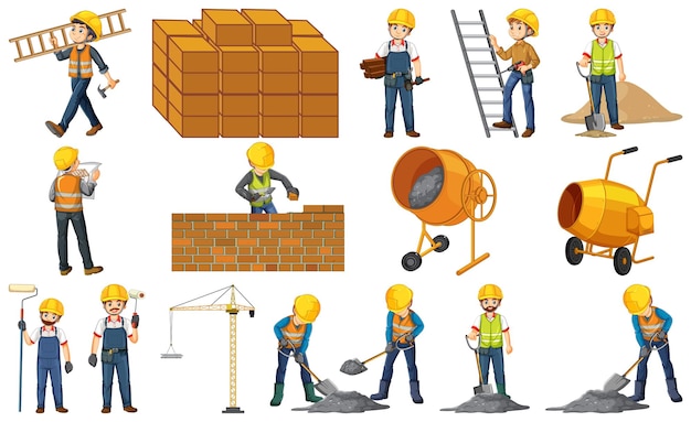 Trabajador de la construcción con hombre y herramientas.