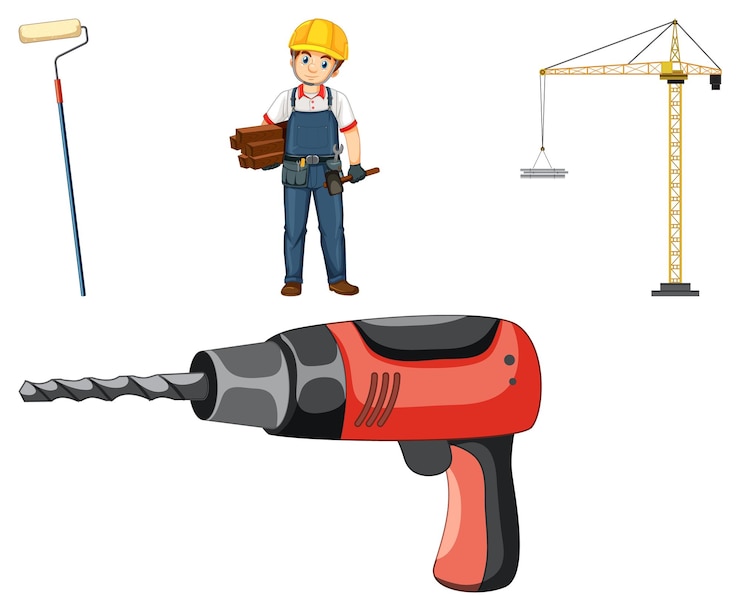 Vector gratuito trabajador de la construcción con hombre y herramientas.