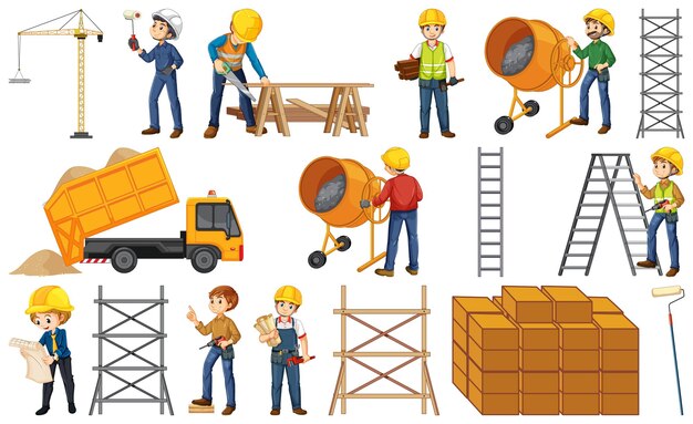 Trabajador de la construcción con hombre y herramientas.