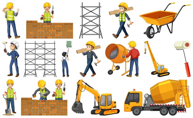 Trabajador de la construcción con personas y herramientas.