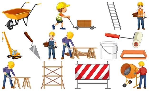 Trabajador de la construcción con personas y herramientas.