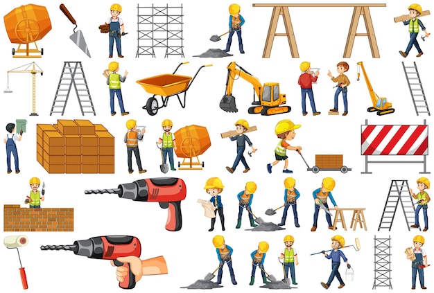 Trabajador de la construcción con personas y herramientas.