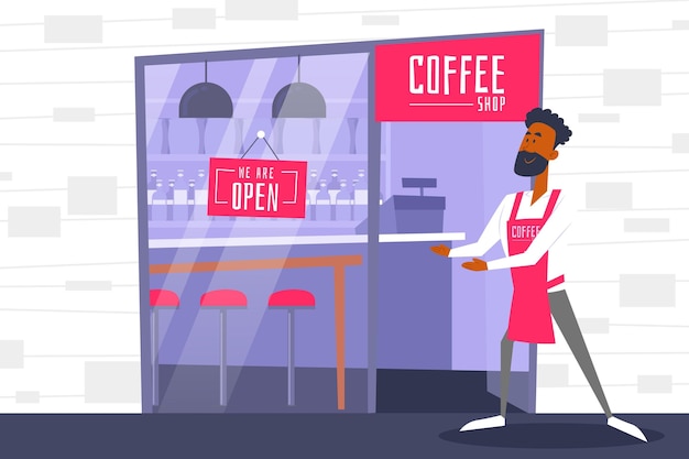 Vector gratuito trabajador ilustrado de cafetería junto al cartel abierto