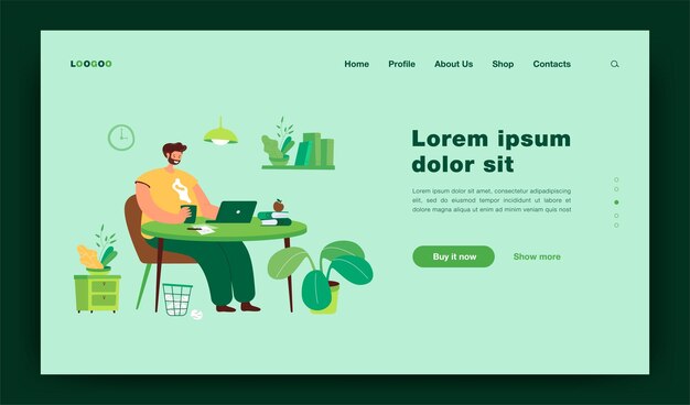 Trabajador independiente feliz sentado en la mesa. Hombre que trabaja desde casa en la computadora portátil, ilustración plana de trabajo remoto. Trabajar desde casa, diseño de sitio web de concepto independiente o página web de destino