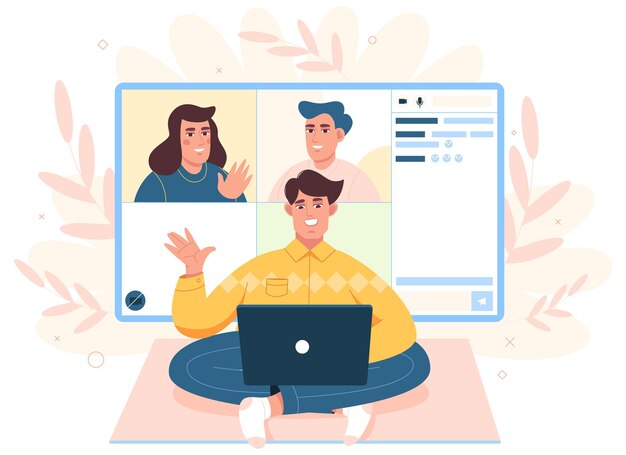 El trabajador plano realiza reuniones en línea, formación de equipos virtuales o videoconferencia en la oficina en casa.